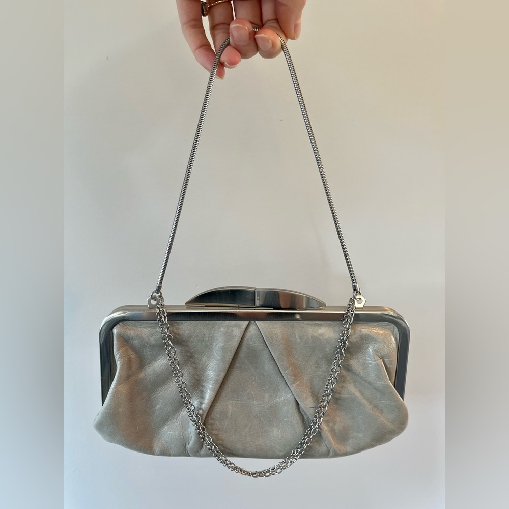 HOBO light grey leather clutch with silver chains